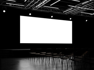 White Blank Screen Mockup in Conference Hall with realistic Reflection 3D Rendering