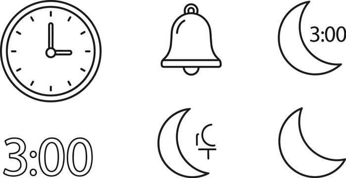 Vector Icons: Clock, Bell, Moon Crescent, Time 3:00, Isolated on White Background