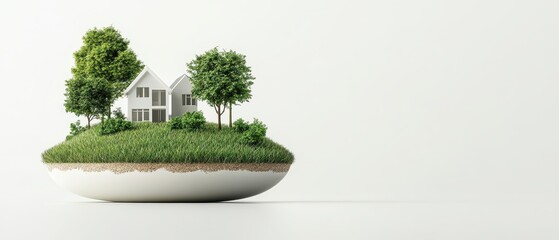 Fototapeta premium Tiny island with white houses and green trees, symbolizing eco friendly living and sustainable environment.