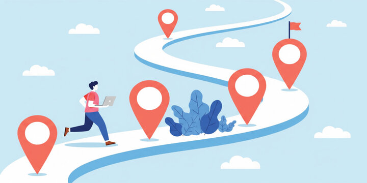 Business Journey Roadmap Concept with Location Pins and Curved Path Representing Goals Navigation Planning Strategy and Success Illustration