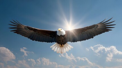 Obraz premium Majestic Bald Eagle Soaring High in a Bright Sunny Sky.