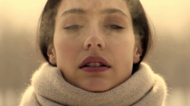 Close-up of a woman exhaling visible breath on a cold morning, scarf fibers catching light, breath dissolving into air, intimate winter atmosphere, soft focus background. video