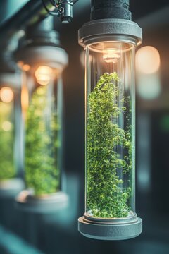 Green algae growing in laboratory tubes, illuminated by a warm light, representing sustainable energy development.