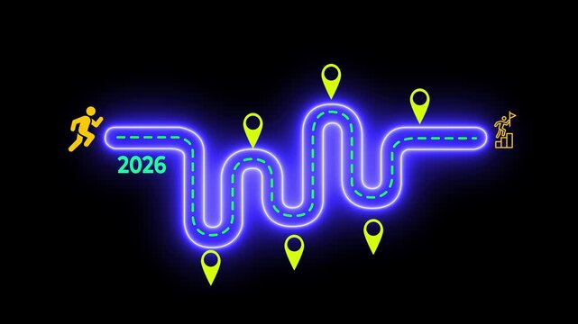 Business planning and development concept. Road map marked with milestones and a flag finish. Motion graphics of 2026 success roadmap idea on the transparent background. 4k video. 