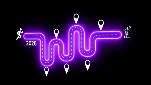 Business planning and development concept. Road map marked with milestones and a flag finish. Motion graphics of 2026 success roadmap idea on the transparent background. 4k video. 