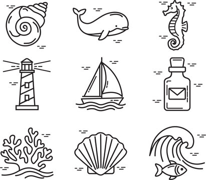 Nautical Line Icon Set Marine Ocean Symbols Vector Illustration
