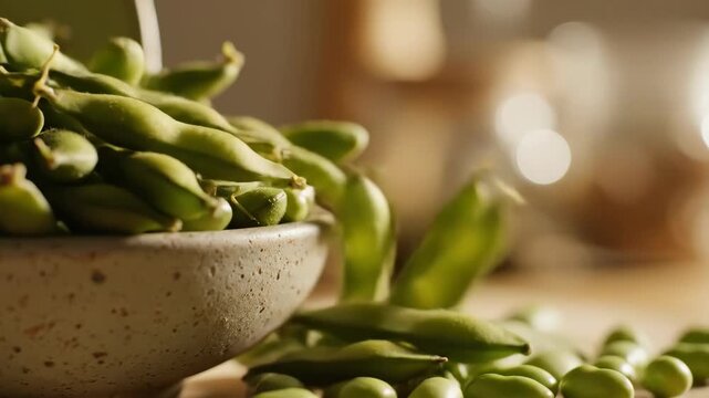 Close Up of Fresh Green Edamame Beans in Bowl on Table.