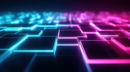 Abstract digital grid with glowing neon lines in blue and pink hues