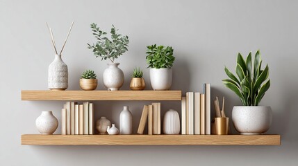 Modern wooden shelves displaying decorative vases, potted plants, and books