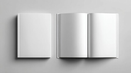 Blank open book and closed book mockup on a neutral gray background, ready for design