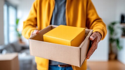Close-up of a person holding a yellow package inside a cardboard box, indoors.