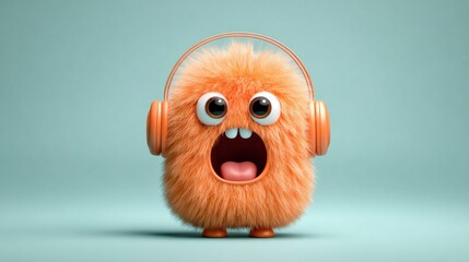 Cute fluffy orange monster with headphones listening to music with mouth open in surprise