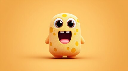 Cute yellow cartoon monster with big eyes and open mouth on orange background