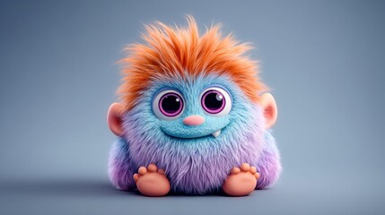 Adorable fluffy monster with big eyes and orange hair sitting on a plain background