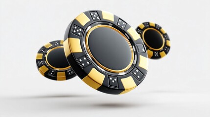 Luxury casino poker chips with gold and black design floating against a clean white background