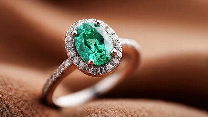 Emerald and Diamond Ring on a Brown Background