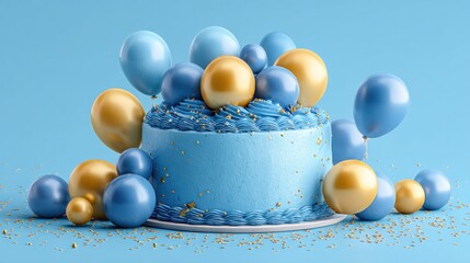 Festive blue cake adorned with golden and blue balloons and confetti for a celebration