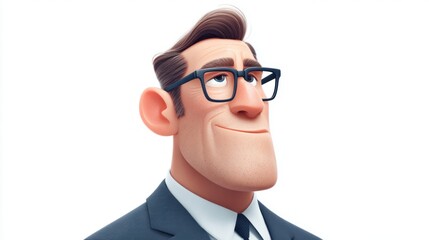 Animated businessman with glasses and suit looking up with a confident smile