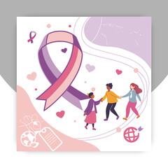 World Cancer Day Awareness Illustration with Pink and Blue Ribbon, Global Cancer Support Concept,