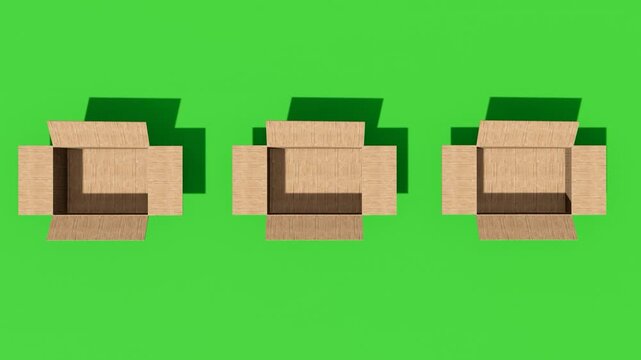 3D animation of three cardboard boxes unpacking on green background, suitable for advertising, online stores, logistics presentations, unboxing scenes, and digital marketing content, 4k video