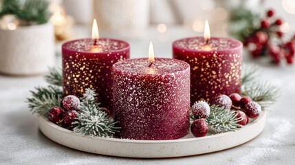 Three burning burgundy pillar candles adorned with pine needles and frosted berries on a plate