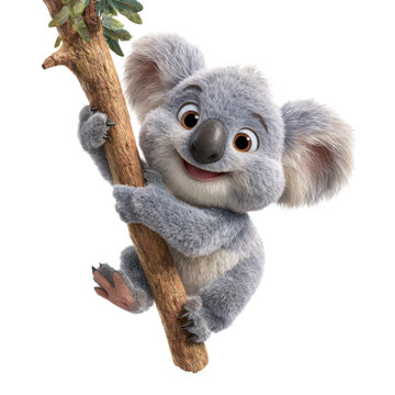 3D cartoon koala hugging tree trunk character isolated on Transparent Background