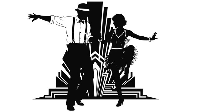 A black and white illustration of a couple dancing the Charleston in the 1920s