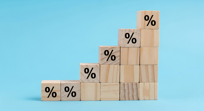 A stack of wooden blocks with percentage signs showing a gradual increase on a blue background
