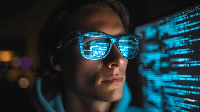 Man in blue glasses with code reflection, focused on digital data.