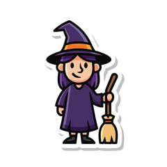 A cartoon witch with purple hair and dress