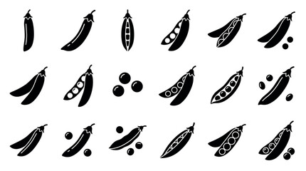 Black pea pod and seed icons set showing various simple glyph and outline styles for vegetable and food concepts, a collection of minimalist graphic design elements