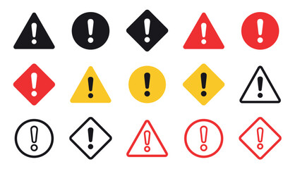 Diverse set of exclamation point icons in red, yellow, and black, featured in triangular, circular, and diamond shapes to signify warnings, errors, and important notices
