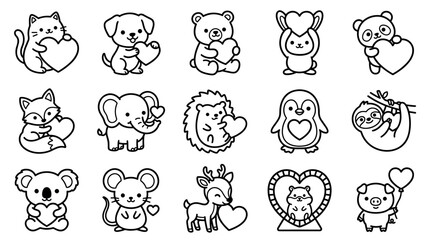 Fototapeta premium Set of cute kawaii animal characters holding hearts for Valentine's Day, including a cat, dog, bear, panda, and sloth in a simple black and white line art doodle style