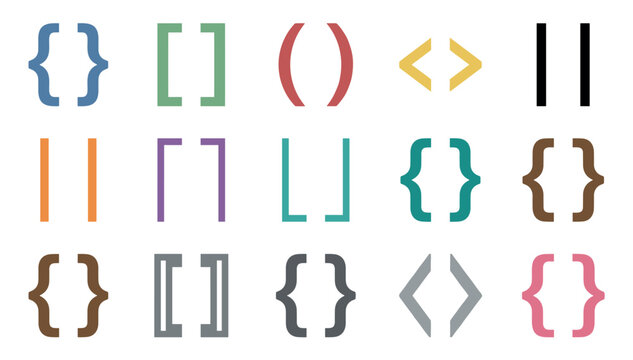 Colorful collection of programming bracket symbols including curly braces, square brackets, and parentheses in a flat graphic design style for coding and syntax concepts