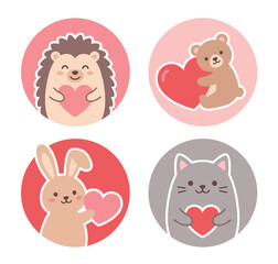 Obraz premium Charming set of four cute animal illustrations featuring a hedgehog, bear, rabbit, and cat each holding a heart, designed in an adorable kawaii style for Valentine's Day