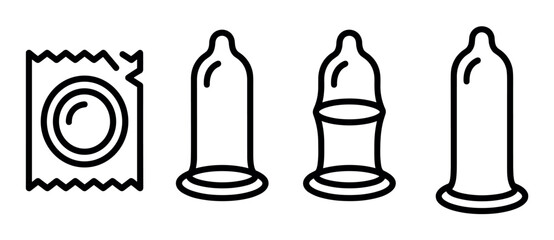 Black line art condom icon set showing a wrapper and unrolled contraceptive for safe sex education, presented in a simple, minimalist graphic illustration style