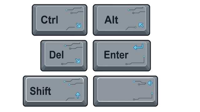 A computer keyboard with Ctrl, Alt, Del, Enter and Shift keys