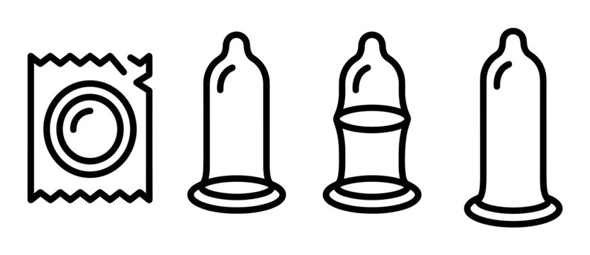 Black line art condom icon set showing a wrapper and unrolled contraceptive for safe sex education, presented in a simple, minimalist graphic illustration style
