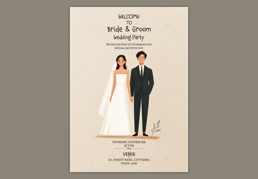 Editable Welcome to Our Wedding Party Invitation Template with Bride and Groom Illustration in Beige Theme.