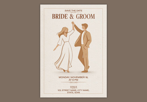 Editable Save The Date Wedding Invitation Card Template with Hand Drawn Bride and Groom Illustration on Beige Background.