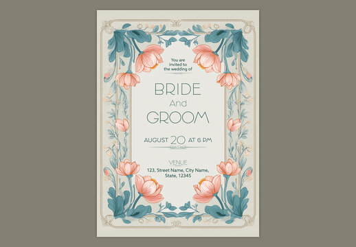 Editable Floral Wedding Invitation Card Template with Lotus Flowers and Soft Beige Background Design.