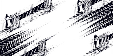 Obraz premium Auto tire tread grunge element. Car and motorcycle tire pattern, wheel tyre tread track. Black tyre print.