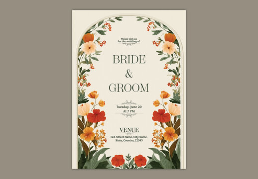 Editable Floral Wedding Invitation Card Template with Arch Frame and Beige Background Design.