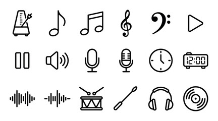 Fototapeta premium Set of music and audio icons featuring a metronome, musical notes, clefs, microphones, and headphones in a clean black and white line art vector style for interface design