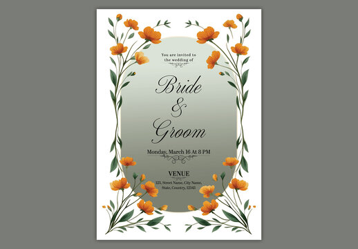 Editable Floral Wedding Invitation Card Template Design with Venue Details in White and Sage Green Color Theme.