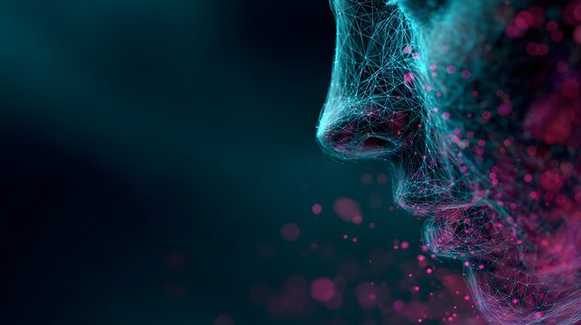 Abstract close-up of human nose with glowing particles and vibrant colors.