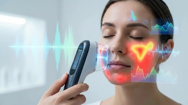 Young woman using innovative facial device with augmented reality display showing skin data. Smart skincare technology analysis concept.