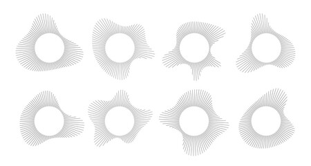 Circular sound visualization with radial wave line pattern vector set. Abstract audio spectrum ring geometric burst shape. Music equalizer graphics with concentric line elements for modern design.