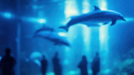 Fototapeta premium Blurred dolphinarium pool and seating area as abstract aquatic background.
