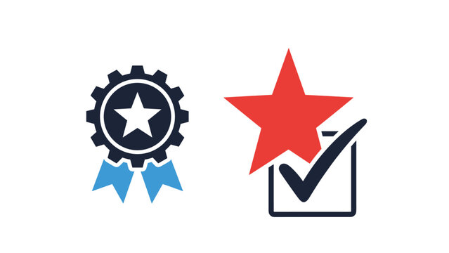 Quality assurance icons featuring a gear with a star ribbon and a checked star symbol for performance and official certification.